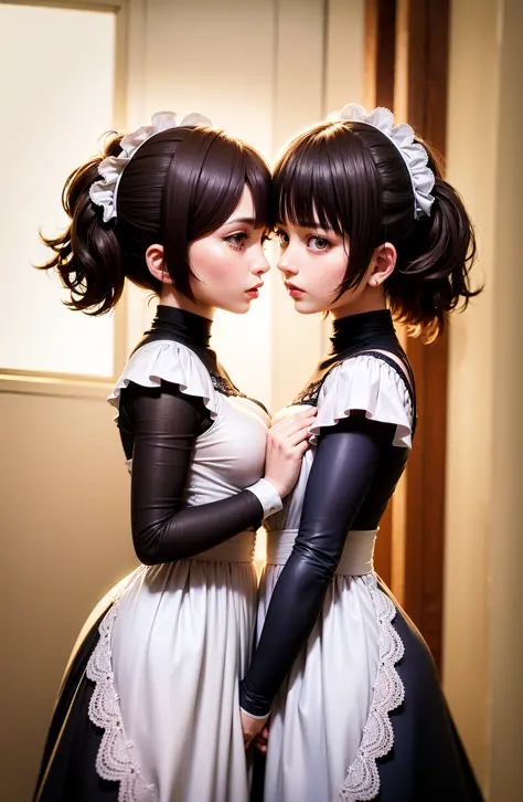 absurdres,2woman,(brown eyes),blue eyes, <lora:Kaede_to_Suzu:0.8>, (maid:1),breast press,symmetrical docking,holding hands,(upper body:1.2),(white lace gloves:1),looking at viewer,