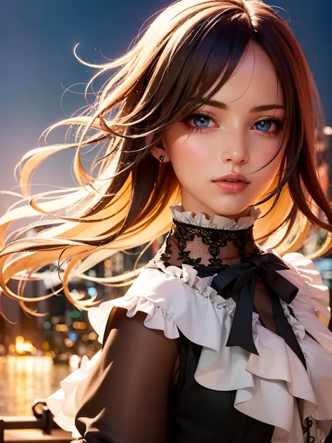 (masterpiece:1.2, best quality,  highres, ), (realistic, photorealistic:1.2), lifelike,
1girl, beautiful eyes, gothic_lolita, 
wind, cityscape, lovely night, natureal light reflection, soft light on the face, unreal-engine, depth of field,