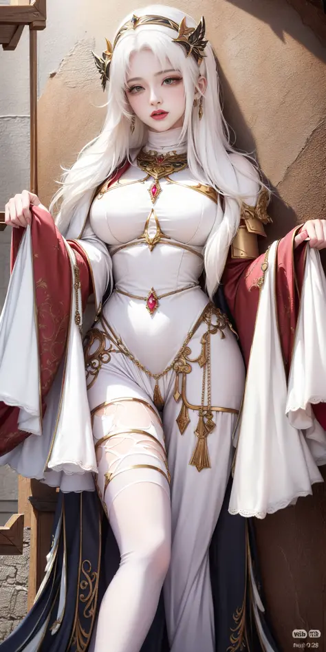 (gorgeous ((white-haired:1.4)) CLERIC:1.2), (tavern girl opening her robes:1.4), royal queen, divine, goddess, godlike, sexy, charming, alluring, seductive, erotic, enchanting, with perfect face, beautiful face, beautiful eyes, ((perfect female body, perfe...