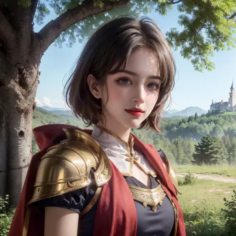 1women with blonde short hair, (black dress|1, armor|0.2, bikini|0.4), lace border, with sword in 1hand, (red cape:1.1), ivory skin, frill, looking at another, (golden eyes:1.2), beautiful face, beautiful detailed eyes, smile, print armor, 
epic, cinemagra...