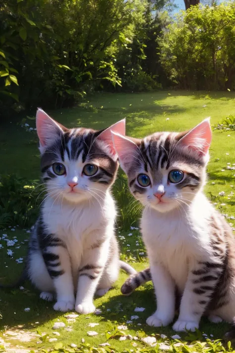 no humans, two kittens side-by-side, outdoors,