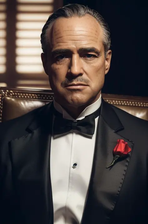 Sitting on chair, in dark room,
Black_suit,Black_jacket,shirt,tuxedo,red_Rose in his lapel, (Close-Up:1.0),(face_focus:1.0),(upper_body),
<lora:Agent47_hitman-KK77-V1:0.1>,<lora:Vito_Corleone_Godfather-KK77-V1:0.7>,
pubic_hair,bowtie, blue_eyes, brown watc...