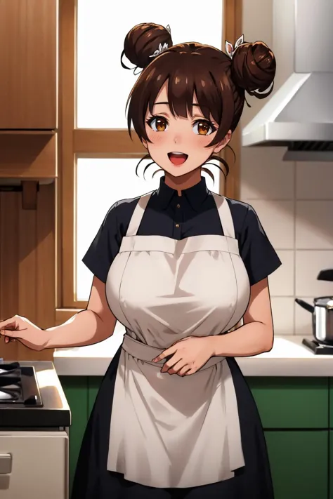 masterpiece, best quality,  <lora:fujinokinene-nvwls-v1-000009:0.9> fujinoki nene, brown hair, double bun, large breasts, apron,...