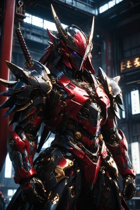 A high-quality, ultra-detailed depiction of a figure standing in an elaborate, metallic, and ornate colorful samurai mech armor in mecha hangar, set against a futuristic world. The scene is set at night, with only faint, scattered light sources casting a mysterious and dramatic glow on the mech armor. The armor gleams with intricate designs and a metallic sheen, exuding both power and elegance. The overall atmosphere is dark and enigmatic, with a touch of otherworldly allure, emphasizing the majestic presence of the samurai mech. (depth of field:1.3), (tilt-shift effect:1.3),
<lora:Mecha_Ggorgeous_Armor:0.75>,
<lora:ral-andzdalmn:0.75> ral-andzdalmn,
<lora:zavy-cntrst-sdxl:0.7> dark, chiaroscuro, low-key,
<lora:WildcardX-XL-Detail-Enhancer:0.75>,