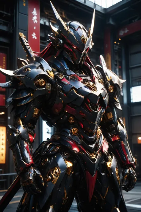 A high-quality, ultra-detailed depiction of a figure standing in an elaborate, metallic, and ornate colorful samurai mech armor in mecha hangar, set against a futuristic world. The scene is set at night, with only faint, scattered light sources casting a mysterious and dramatic glow on the mech armor. The armor gleams with intricate designs and a metallic sheen, exuding both power and elegance. The overall atmosphere is dark and enigmatic, with a touch of otherworldly allure, emphasizing the majestic presence of the samurai mech. (depth of field:1.3), (tilt-shift effect:1.3),
<lora:Mecha_Ggorgeous_Armor:0.75>,
<lora:ral-andzdalmn:0.75> ral-andzdalmn,
<lora:zavy-cntrst-sdxl:0.7> dark, chiaroscuro, low-key,
<lora:WildcardX-XL-Detail-Enhancer:0.75>,