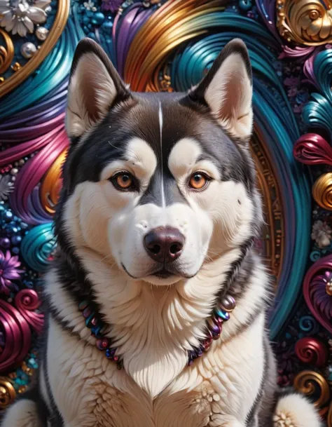 arte digital, fundo intrincado, Husky siberiano, O fundo é uma galeria de arte., Profundidade de campo 270 mm, ral-andzdalmn, cores ricas e profundas, original, teatral, ganhando, lustroso, maravilhoso, colorida, [composição épica