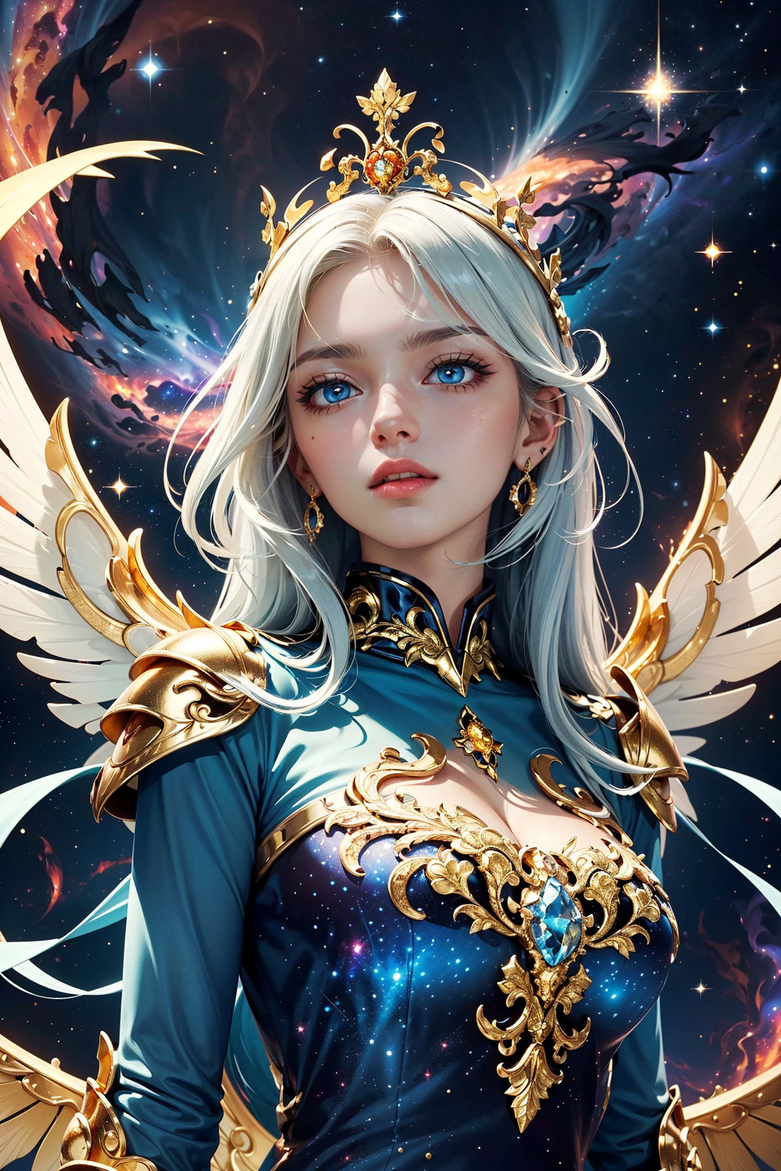 (masterpiece, best quality:1.4), (beautiful, aesthetic, perfect, delicate, intricate:1.2), 
shingoaraki-style-smf,
1girl, adult (elven:0.7) woman, blue eyes, long blue hairstyle,
Style-GravityMagic, mid body, looking up, solo, detailed background, detailed face, ((HolyFantasy:0.8), light fantasy theme:1.1), white hair, holy healer sorcerer,  very complex golden armor, gold armored wings, diamond crown, dynamic pose, pearl color scheme, blue flames, in background,  symmetrical composition, cinematic atmosphere, very complex golden background full of power, cosmos and stars on background, energetic nebula and galaxies imploding