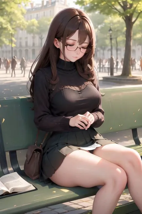 woman sitting on a bench with a book and cell phone