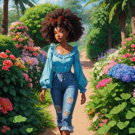 young caribbean woman with afro hair, wearing blue jeans, top with ruffles, walking through a beautiful flower garden, full of different types of flowers, cinematic lighting, intricate detail, masterpiece, high detail, high quality