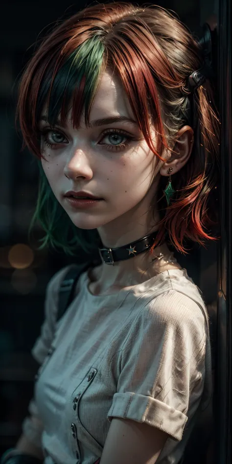 harley Quinn, (masterpiece, best quality, dynamic angle), 1girl, 18 years old, tall,  fit, tiny breasts,
green sweater, (red hair:1.4), (green eyes:1.2), short hair, submissive,big Choker, squatting, thighhighs, 
(detailed face, perfect eyes), head tilt,
looking into camera, Goth punk,
<lora:weight_slider_v1:-2>,, <lora:epi_noiseoffset:1.4>, <lora:skin_tone_slider_v1:-1.4>, <lora:more_details:0.5> <lora:Gothpunk:0.5> <lora:zoom_slider_v1:2> <lora:rococo:0.5>, highest detailed, atmospheric lighting, cinematic composition, complex multiple subjects, 4k HDR, vibrant, highly detailed, Leica Q2 with Summilux 35mm f/1.2 ASPH, Ultra High Resolution, wallpaper, 8K, Rich texture details, hyper detailed, detailed eyes, detailed background, dramatic angle, epic composition, high quality , (8k, RAW photo, highest quality), hyperrealistic,