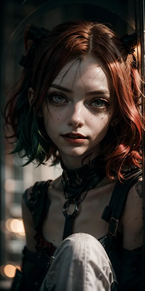 harley Quinn, (masterpiece, best quality, dynamic angle), 1girl, 18 years old, tall,  fit, tiny breasts,
green sweater, (red hair:1.4), (green eyes:1.2), short hair, submissive,big Choker, squatting, thighhighs, 
(detailed face, perfect eyes), head tilt,
looking into camera, Goth punk,
<lora:weight_slider_v1:-2>,, <lora:epi_noiseoffset:1.4>, <lora:skin_tone_slider_v1:-1.4>, <lora:more_details:0.5> <lora:Gothpunk:0.5> <lora:zoom_slider_v1:2> <lora:rococo:0.5>, highest detailed, atmospheric lighting, cinematic composition, complex multiple subjects, 4k HDR, vibrant, highly detailed, Leica Q2 with Summilux 35mm f/1.2 ASPH, Ultra High Resolution, wallpaper, 8K, Rich texture details, hyper detailed, detailed eyes, detailed background, dramatic angle, epic composition, high quality , (8k, RAW photo, highest quality), hyperrealistic,