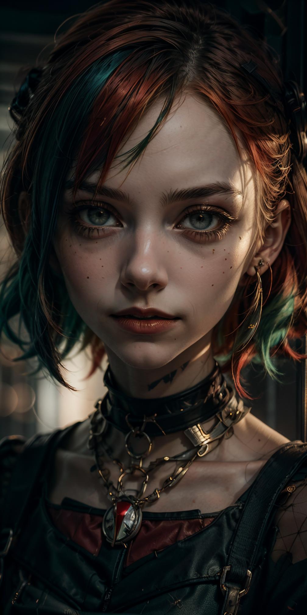 A close up of a woman with red hair and green hair - SeaArt AI