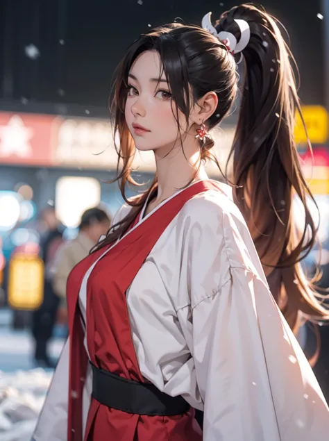 fantasy anime, , depth of field, Masterpiece, intricate, hyper detailed, , bokeh, high resolution, sharp detail, best quality,
closeup portrait, depth of field, 1girl, black hair, <lora:colored inner hair:0.4>, (red:0.82) colored inner hair red, , looking at viewer,
hair ornament, , dynamic pose, , , , earrings, , in her room, snow,
 <lora:shiranui_mai:0.3> shiranui_mai, japanese clothes, revealing clothes, high ponytail, pelvic curtain, ninja, thighs
<lora:japanese_actress_mix-V5:0.2>, <lora:age_slider_v6:0.5> <lora:GoodHands-beta2:1>
<lora:FilmVelvia3:0.1> <lora:picxer_real:0.2>