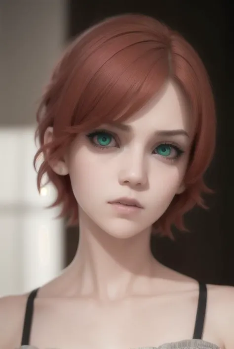 a woman with red hair and green eyes is staring at the camera