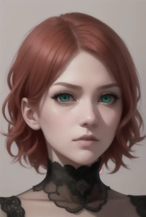 a woman with red hair and green eyes is looking at the camera