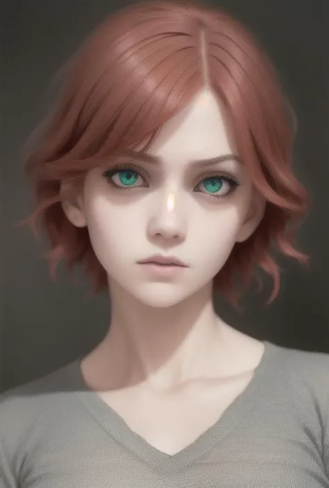 a woman with red hair and green eyes is staring at the camera