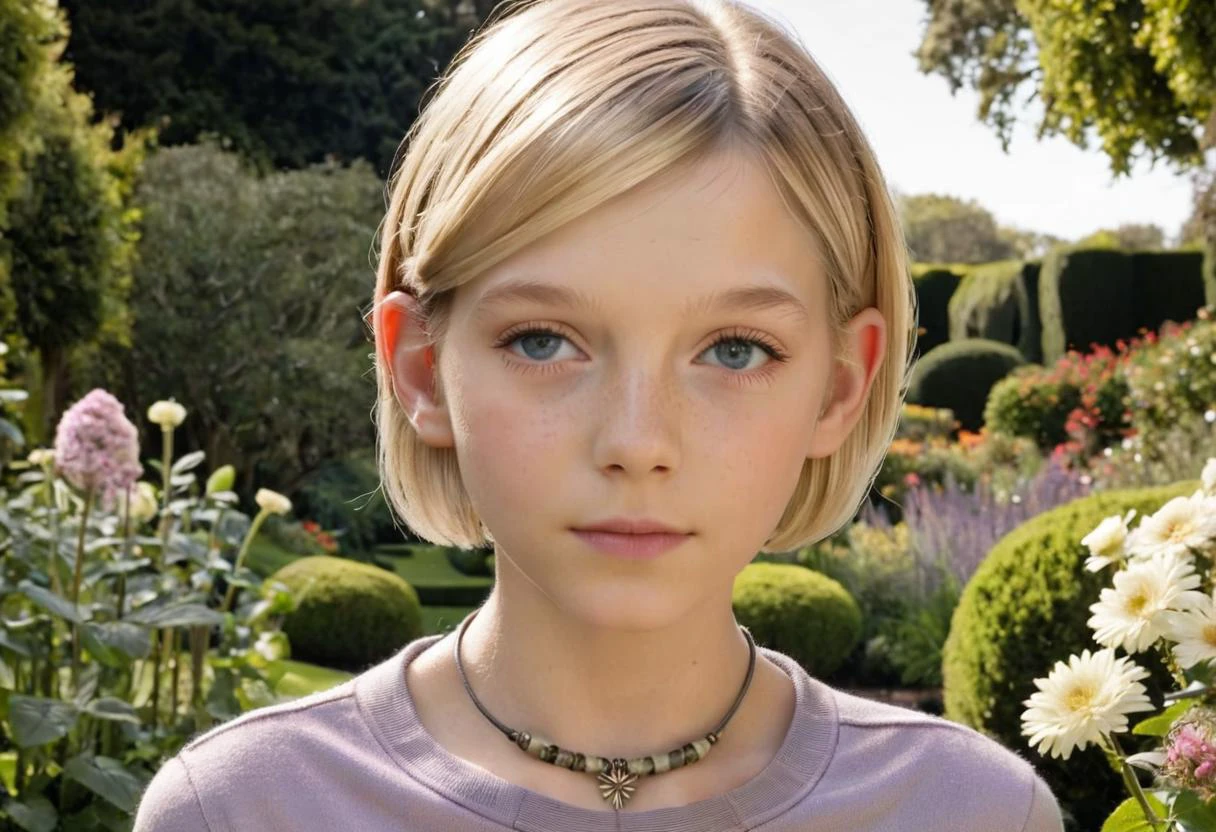 Foto galardonada de Sarah Miller en un majestuoso jardín, 12 años de edad, lindo, pelos rubios, pelos cortos,
impresionante foto, mejor calidad,
