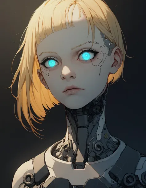 score_9, score_8_up, score_7_up, sinozick style, zPDXL, 1girl, a young Sarah Miller, cute, young, blonde, short hair, cyberpunk, techware, cyberware, black mech suit, petite body, glowing blue eyes, innocent, pale skin, white skin, in a futuristic city, flat color, dark theme, cinematic lighting, volumetric lighting, dramatic lighting, shadow and light, backlight