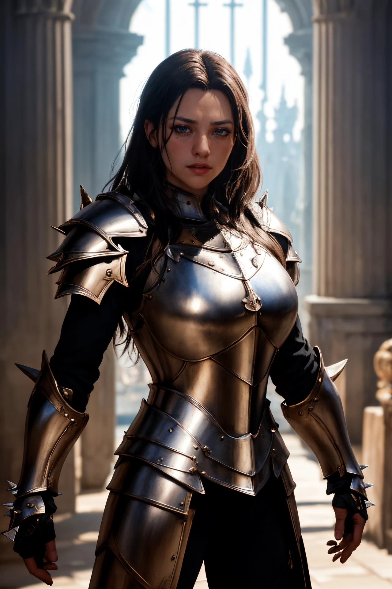 a portrait of a female paladin adorned in holy armor, spiked armor,  standing, intricate background, fantasy, lifelike, 
masterpiece, best quality, intricate detail, high background detail, high contrast,   raytracing,  