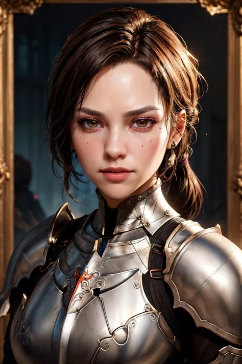 a portrait of a female paladin adorned in holy armor, spiked armor,  standing, intricate background, fantasy, lifelike, 
masterp...