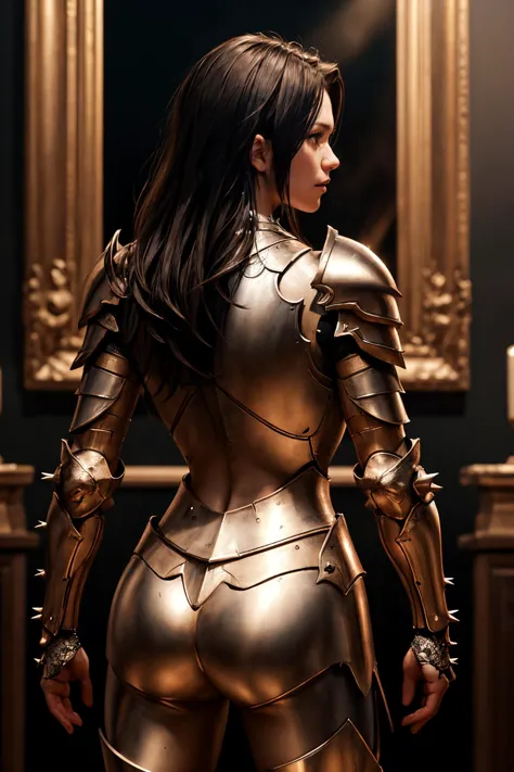a portrait of a female paladin adorned in holy armor, spiked armor,  standing, intricate background, fantasy, lifelike, from beh...