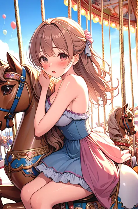 anime girl riding a carousel with a horse in the background