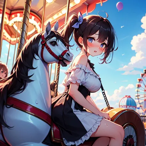 (((masterpiece))), (((best quality))), (((from side))), ((riding carousel)), ((leaning forward)), ((multiple girls)), sitting astride, dress, off shoulder, parted lips, sweat, wind, cloudy sky, party balloon, ferris wheel, amusement park, cleavage, big tits, shy, blush, slim figure, <lora:girllikecarousel:0.8>