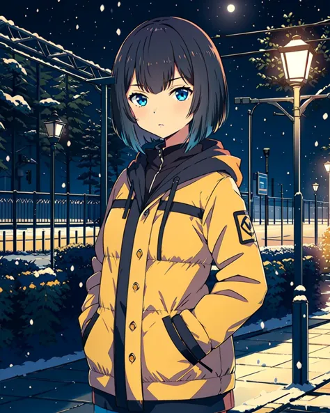 masterpiece, high quality, 1girl, mgrckirinosae, medium shot, upper body, detailed, blue eyes, black hair, yellow sweater, black coat, hands in pockets, outdoors, city, street, winter, night, snowfall, snow, sky, stars, moon, <lora:mgrckirinosae-07:0.8>