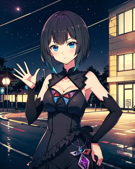 anime girl in black dress standing on street at night