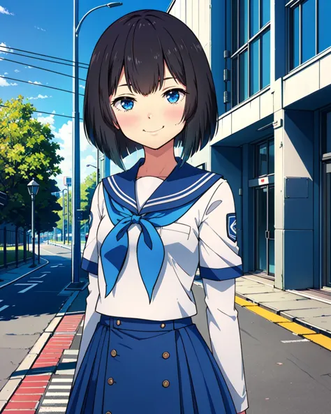 anime girl in uniform standing on the street in front of a building