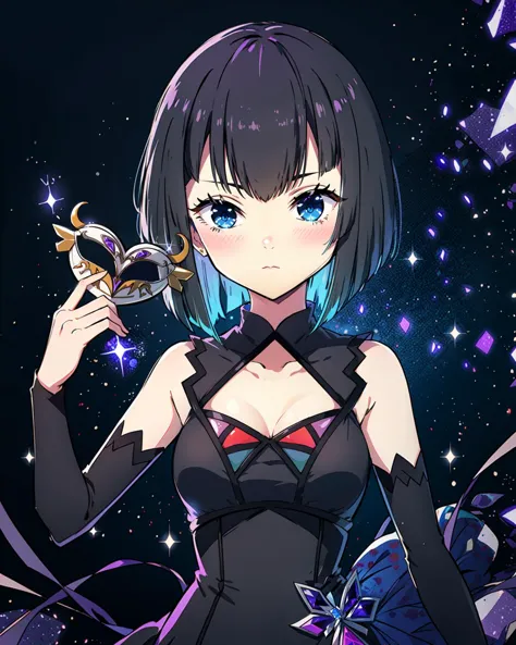 masterpiece, high quality, 1girl, mgrckirinosae, medium shot, upper body, detailed, blue eyes, black hair, long sleeveless black dress, long black detached sleeves, purple gem on belt, abstract background, dynamic pose, mask in hand, <lora:mgrckirinosae-07:0.8>