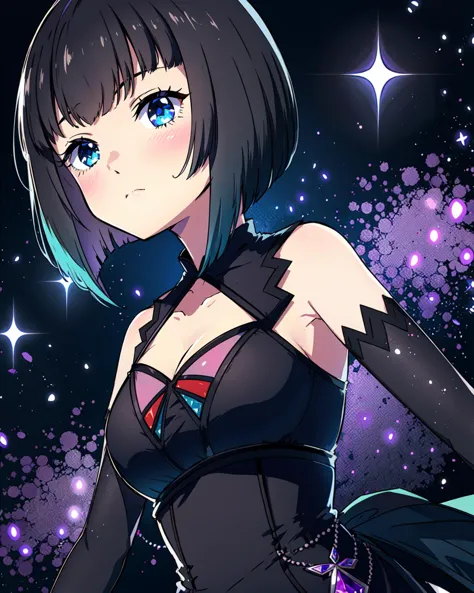 masterpiece, high quality, 1girl, mgrckirinosae, medium shot, upper body, detailed, blue eyes, black hair, long sleeveless black dress, long black detached sleeves, purple gem on belt, abstract background, dynamic pose, <lora:mgrckirinosae-07:0.8>