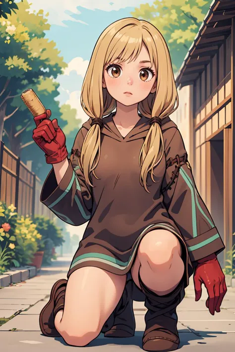 (masterpiece, best quality), 1girl,  <lora:FinalFantasy_FemaleGeomancer:0.8> GeomancerFFT, long hair, blonde hair, twintails, low twintails, brown eyes, dress, hood, gloves, boots,