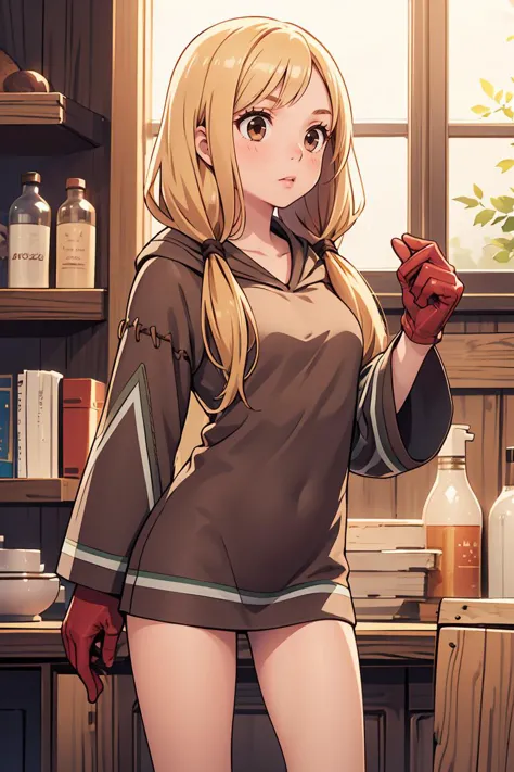 (masterpiece, best quality), 1girl,  <lora:FinalFantasy_FemaleGeomancer:0.8> GeomancerFFT, long hair, blonde hair, twintails, low twintails, brown eyes, dress, hood, gloves, boots,