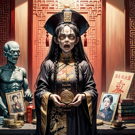 <lora:Chinese_Zombie-000010:0.35> 1girl, (Chinese_Qing_Zombie:1.3), standing, looking at viewer, gem, jewelry,  indoor, Chinese character, Scroll, coins, teeth, upper body, black robe, black clothing, Zombie_Hat, fulu, fu on face,