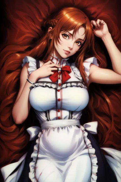 <lora:asuna_sao-10:0.8> asuna, very long hair, skirt, frilled apron, lying, covering breasts,, masterpiece, best quality, highly detailed