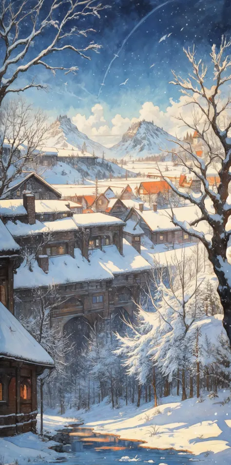 a beautiful winter landscape, Style by Peter Bruegel+Anton Pieck+Ferdinand Knab+Franz Marc+Eugene Galien-Laloue, gouache, waterc...