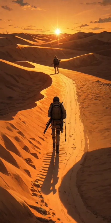 post-apocalyptic wanderer walking through the desert under the scotching sun, solo, alone, backpack, sand dunes