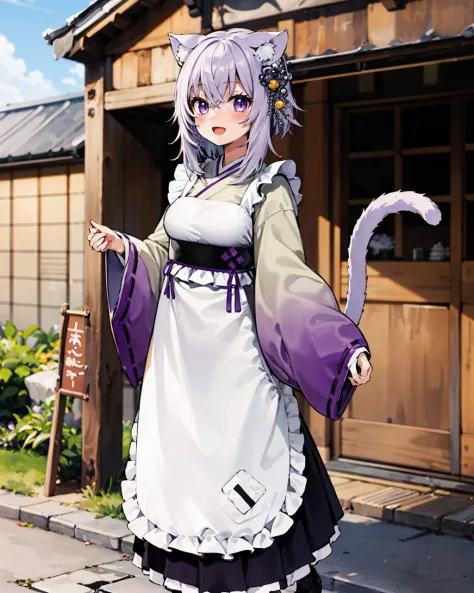 1girl, solo, full body, (medieval) [town], (cobblestone) [road], okayunewyears, wa maid, kimono, japanese clothes, wide sleeves, white apron, hair ornament, (tail, cat tail), :D