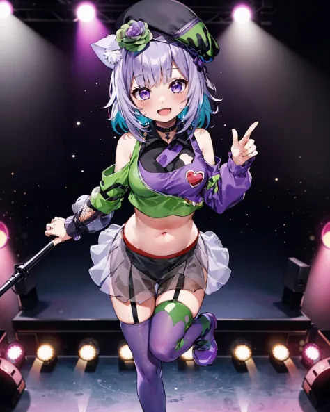 1girl, solo, full body, standing on one leg, open mouth, smile, concert, stage, stage lights, okayusinger, crop top, multicolored shirt, shoulder cutout, heart on chest, see-through purple skirt, [black shorts], garter straps, mismatched legwear, hat flower, cat tail