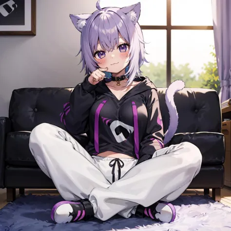 1girl, solo, full body, living room, sitting, carpet, crossed legs, comfy, :\3, okayudefault, black hoodie, onigiri print, white pants, cat tail, ahoge