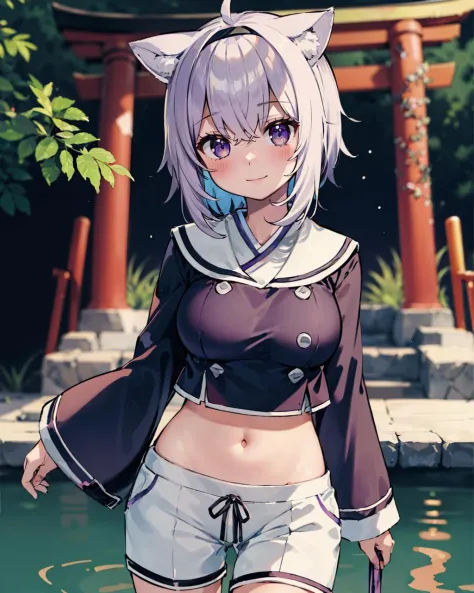 1girl, solo, cowboy shot, japanese pond, torii, okayuschool, serafuku, purple shirt, black hairband, [midriff], white shorts, ca...