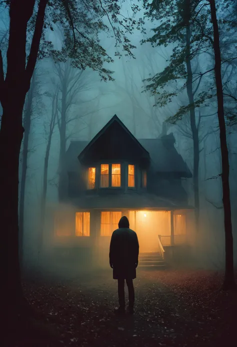 RAW Photo, a simple house in mysterious woods, surrounded by neon lit fog, a person is looking at it, 35mm photograph, night photography, magical atmosphere, deep darks, hard light, caustic light patterns, raytracing, rich emotive colors, 8k, masterpiece, kodak portra 400, UHD, rich emotive colors, surreal quality, hyperrealism