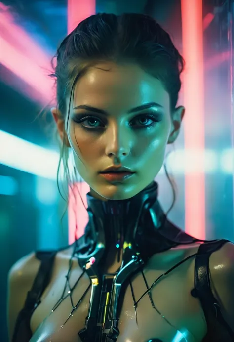 RAW Photo, a cyberpunk portrait photo, femme android, synthoid, cybernetic organism, translucent parts, intriguing face, future technology, retro tech, sci-fi, neon lit fog, deep darks, soft vivid colors, hard light, caustic light patterns, raytracing, rich emotive colors, 8k, masterpiece, kodak portra 400, UHD, rich emotive colors, surreal quality, hyperrealism, shot by Steve McCurry