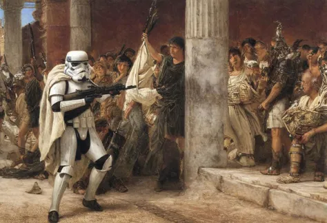 Painting of single stormtrooper from start wars in very detailed realistic ancient Rome AH_Tadema