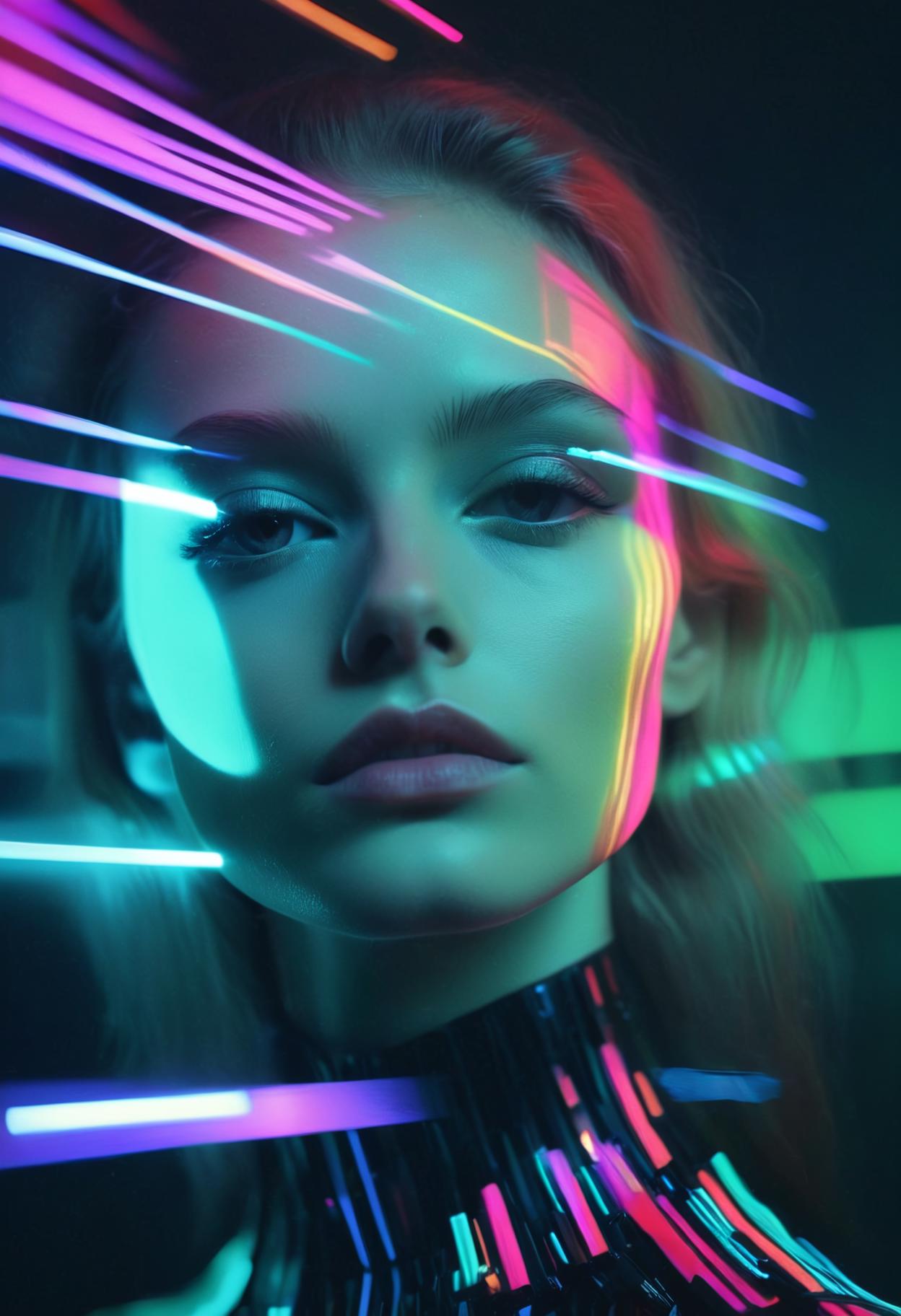 A woman with neon lights on her face and a black background - SeaArt AI