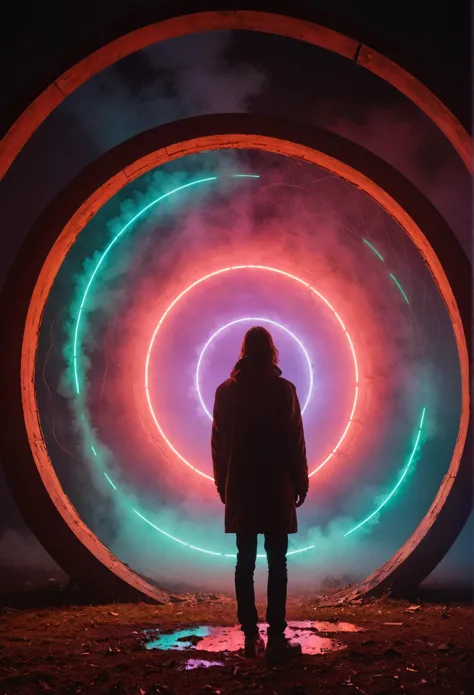 RAW Photo, an alien artifact, dense geometric structure, mysterious glowing portal, surrounded by neon lit fog, a person is looking at it, outdoors, 35mm photograph, night photography, magical atmosphere, deep darks, soft vivid colors, hard light, caustic light patterns, raytracing, rich emotive colors, 8k, masterpiece, kodak portra 400, UHD, rich emotive colors, surreal quality, hyperrealism