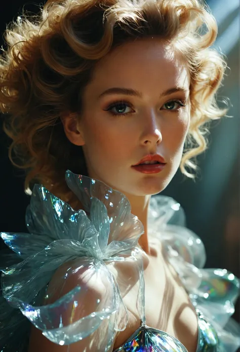 Digital photo, beautiful portrait, she is wearing haute couture transparent iridescent puff rubber, intricate details, environmental opulence, chiaroscuro, amazing natural lighting, magical realism, movement of light, prolonged exposure, rich vibrant colors, hard light, by Carlijn Jacobs