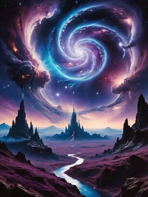 a painting of a spiral galaxy with a river in the middle