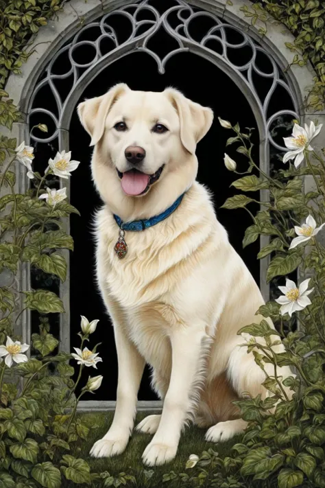 divino, cachorro, Em meio a um reino de encantamento caprichoso, um jardim secreto revela, suas intrincadas flores cativando a imaginação, Brilhando através da mídia tradicional de vitral, pintura tradicional, monocromático, desenho